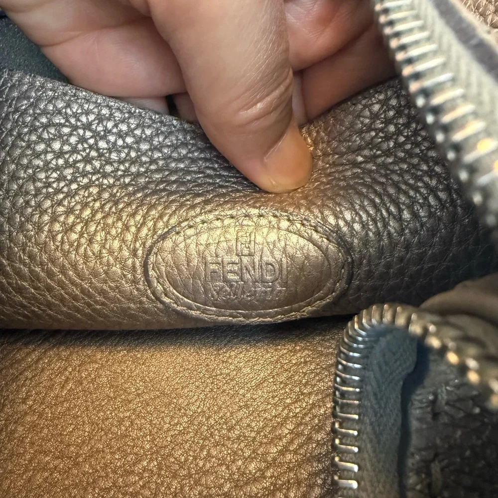 Fendi‎ Pewter Selleria Textured Leather Hobo Women's Bag Metallic Silver